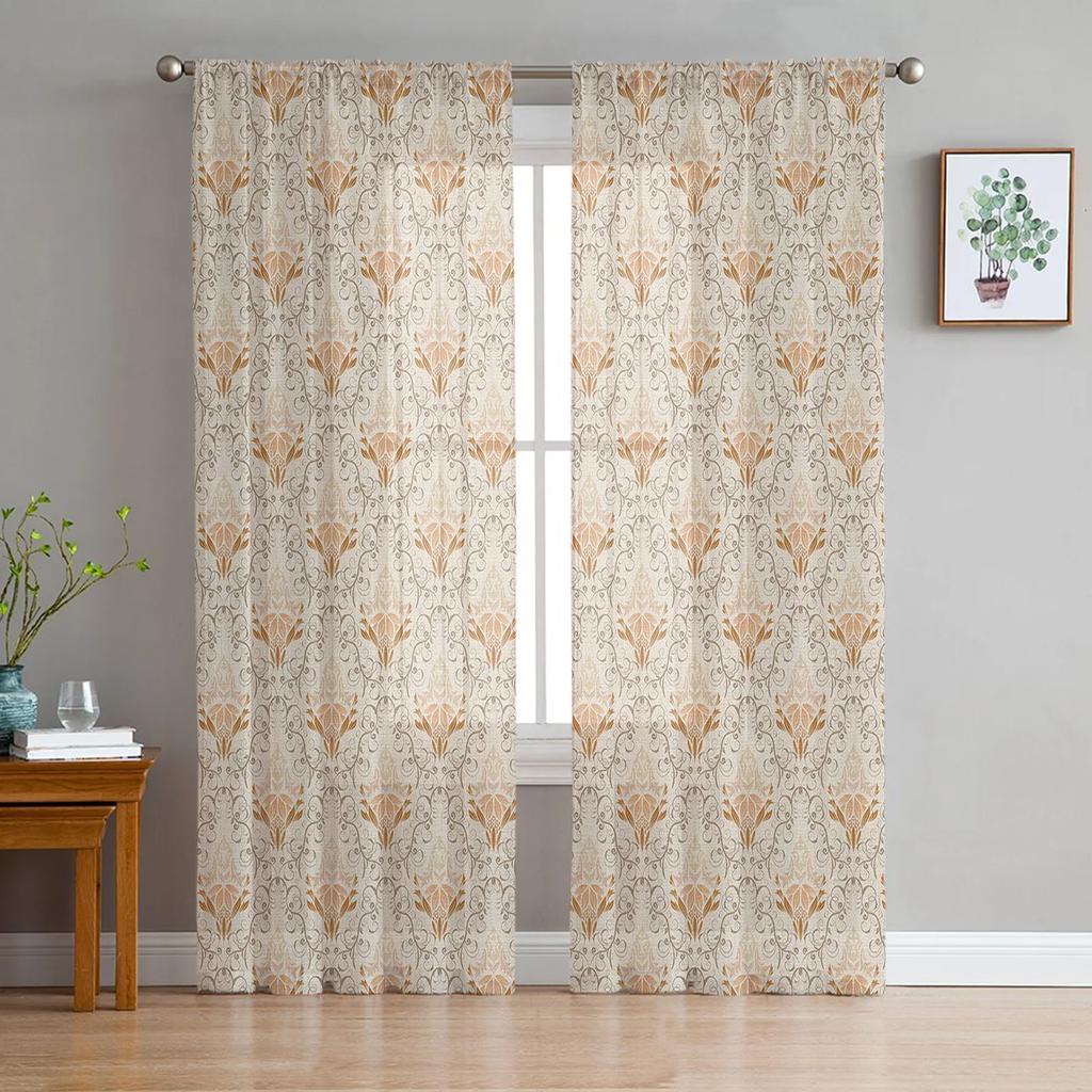 Artistic Beige Baroque Retro Flowers Voile Curtains Window Treatment Chiffon Tulle Curtain Kitchen Living Room Bedroom Light Filtering For Great