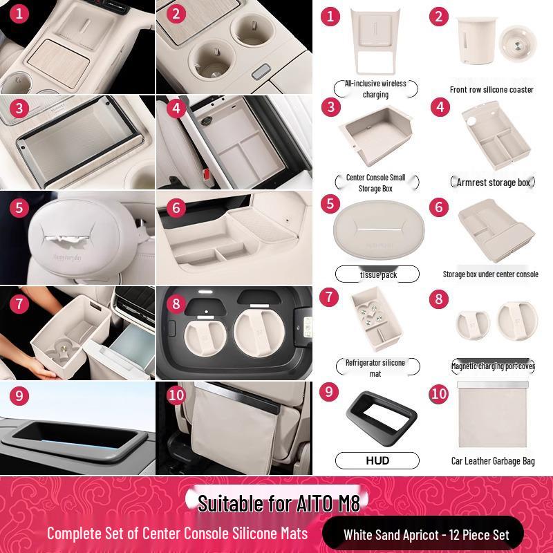 AITO M8 Center Console Cup Holder Wireless Charger & Armrest Storage Silicone Car Interior Decor.