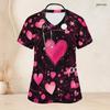 Women Plus Size V Neck Short Sleeve Scrub Top Pink Watercolor Heart Valentine Print Nurse Uniform Top