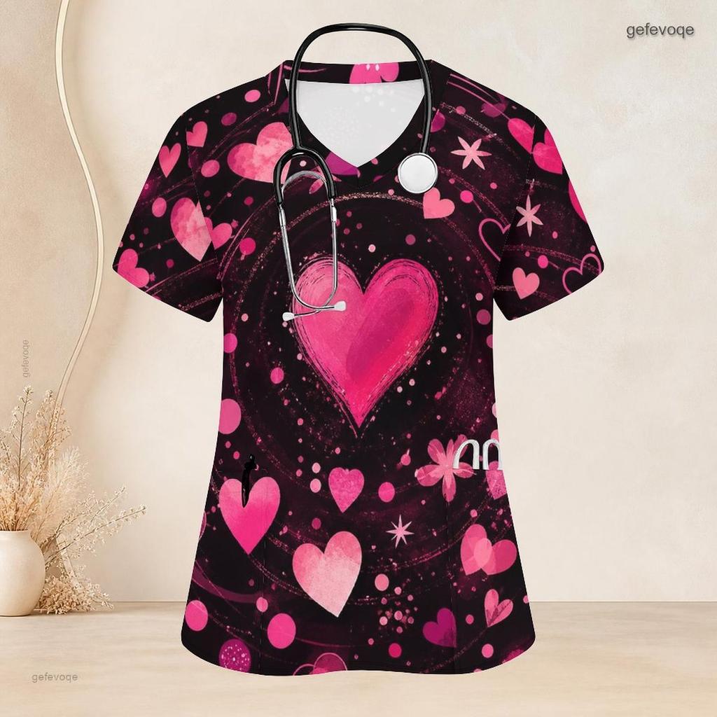 Women Plus Size V Neck Short Sleeve Scrub Top Pink Watercolor Heart Valentine Print Nurse Uniform Top