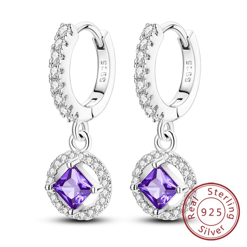 New Original 925 Silver Hoop Earrings Purple Zircon Flowers Butterflies Studs Earring For Women Wedding Engagement Gift