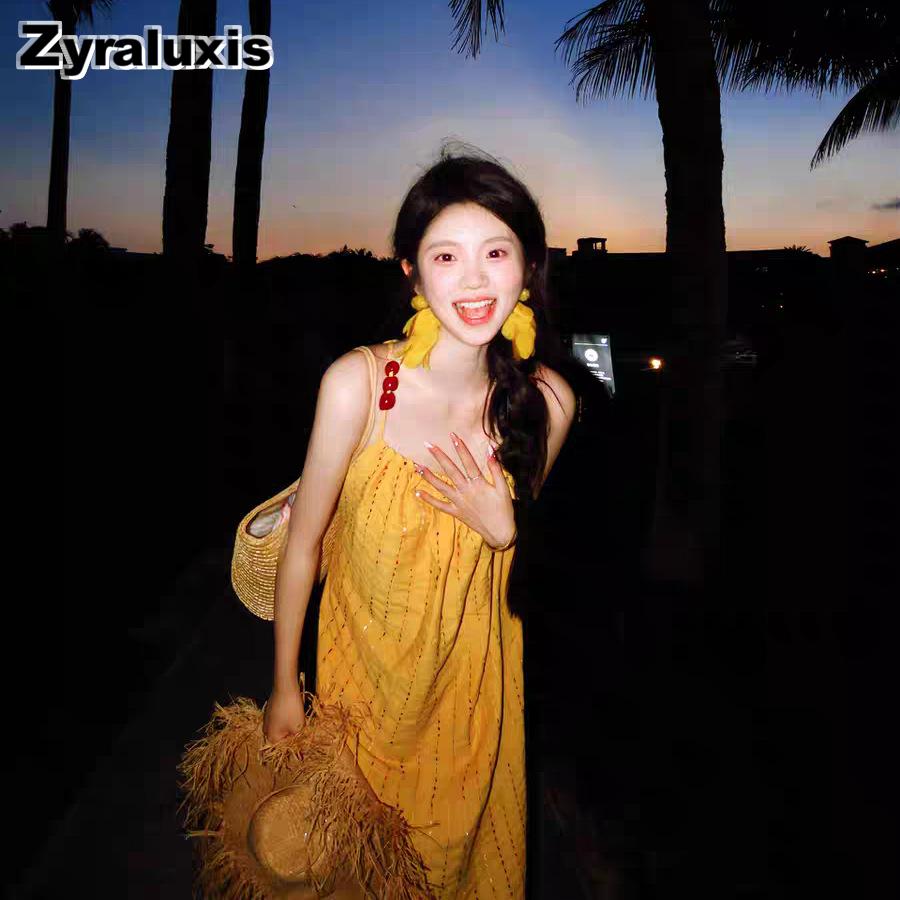 Thai Chiang Mai Beach Sweet Fresh Style Travel Dress Yunnan Dali Resort Wind Strappy Sundress for Women