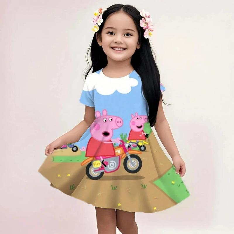 Summer Girls Casual Sundress Peppa Pig Cartoon Print Fashion Beach Dress Soft Breathable Lightweight