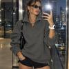Langarm-Layering-Oberteile Damen Übergroßer Pullover, Stehkragen Reißverschluss Halbe Knopfleiste Oberteile, Leichter Pullover für Lässige Streetwear Entspannt