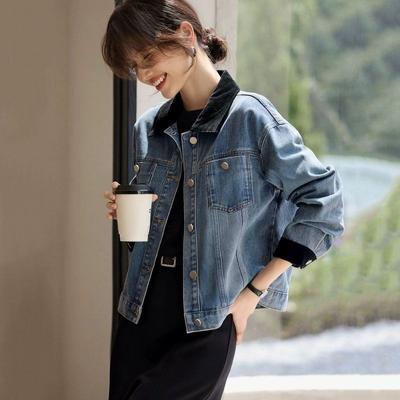 Fashionable Plus Size Women's Autumn Denim Short Jacket with Color-Blocking Turn-Down Collar
