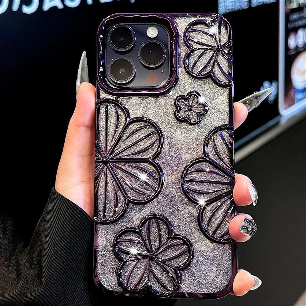 

Luxury Plating Glitter Laser Flowers Gradual Soft Case For iPhone 16 Pro Max 15 14 13 12 11 Artistic Lens Protective Cover Funda For iPhone 15 pro