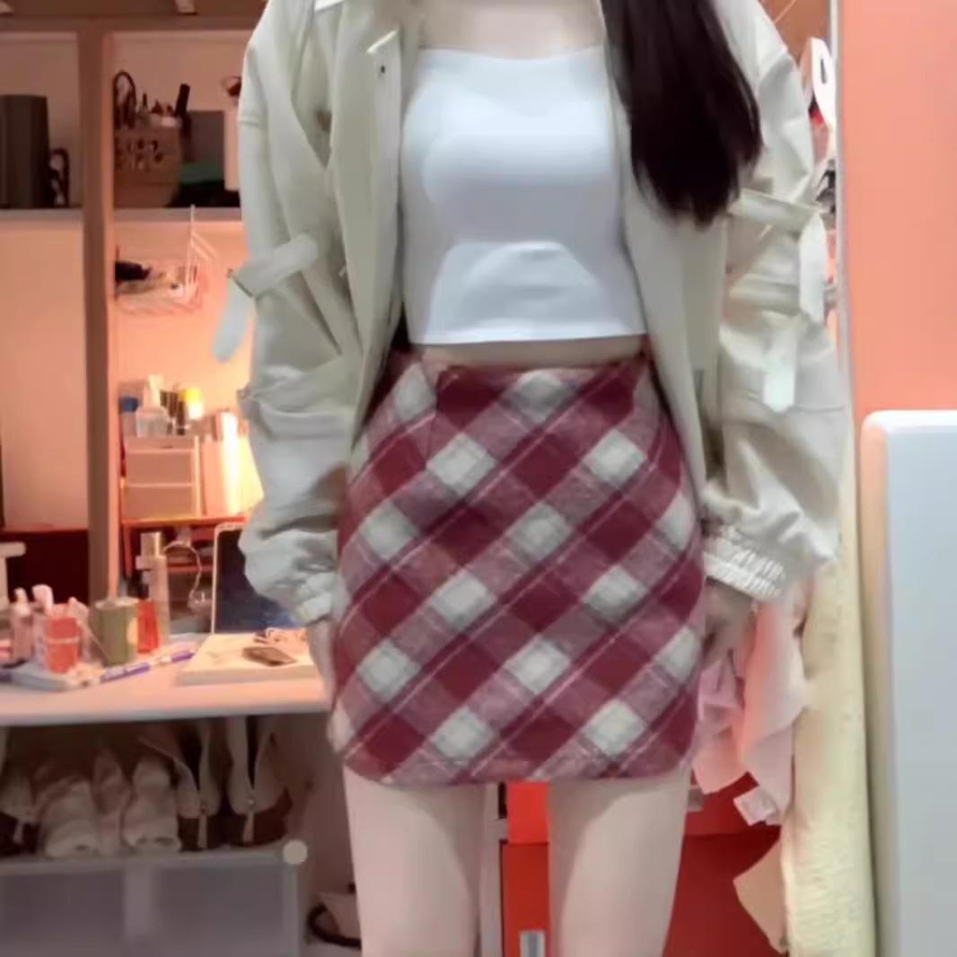 

Red Plaid Wool Midi Skirt: Women s Slim High Waist A-line, Autumn/Winter 2025 2XL красный
