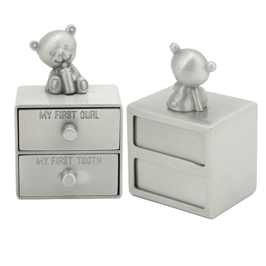 Tooth Box Metal Cute BearShape Storage Case with 2 Drawers for Children Growth Memorial Gift Jewelry Collection(Green Patina )