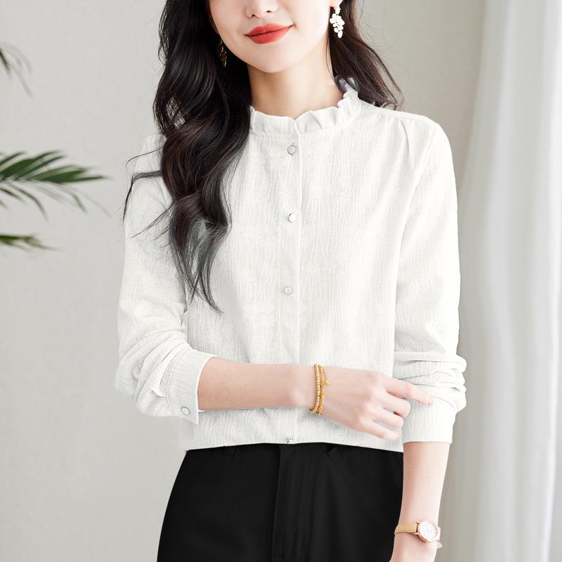 Spring 2025 Ruffled Stand Collar Jacquard Women's Long Sleeve Top