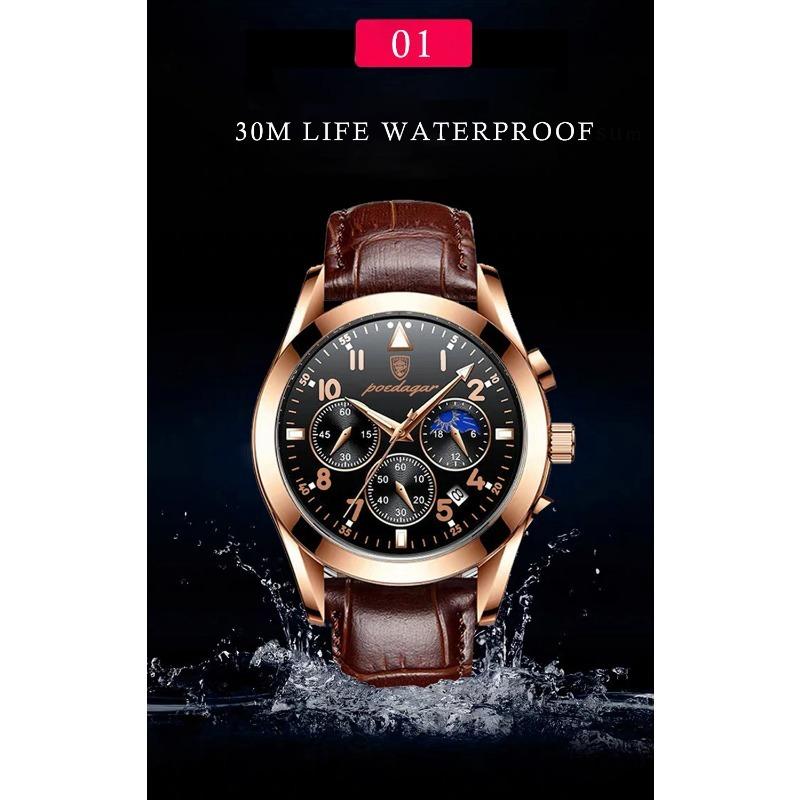 POEDAGAR Orologi da Uomo Moda Pelle Impermeabile Luminosi Top Brand Lusso Quarzo da Polso