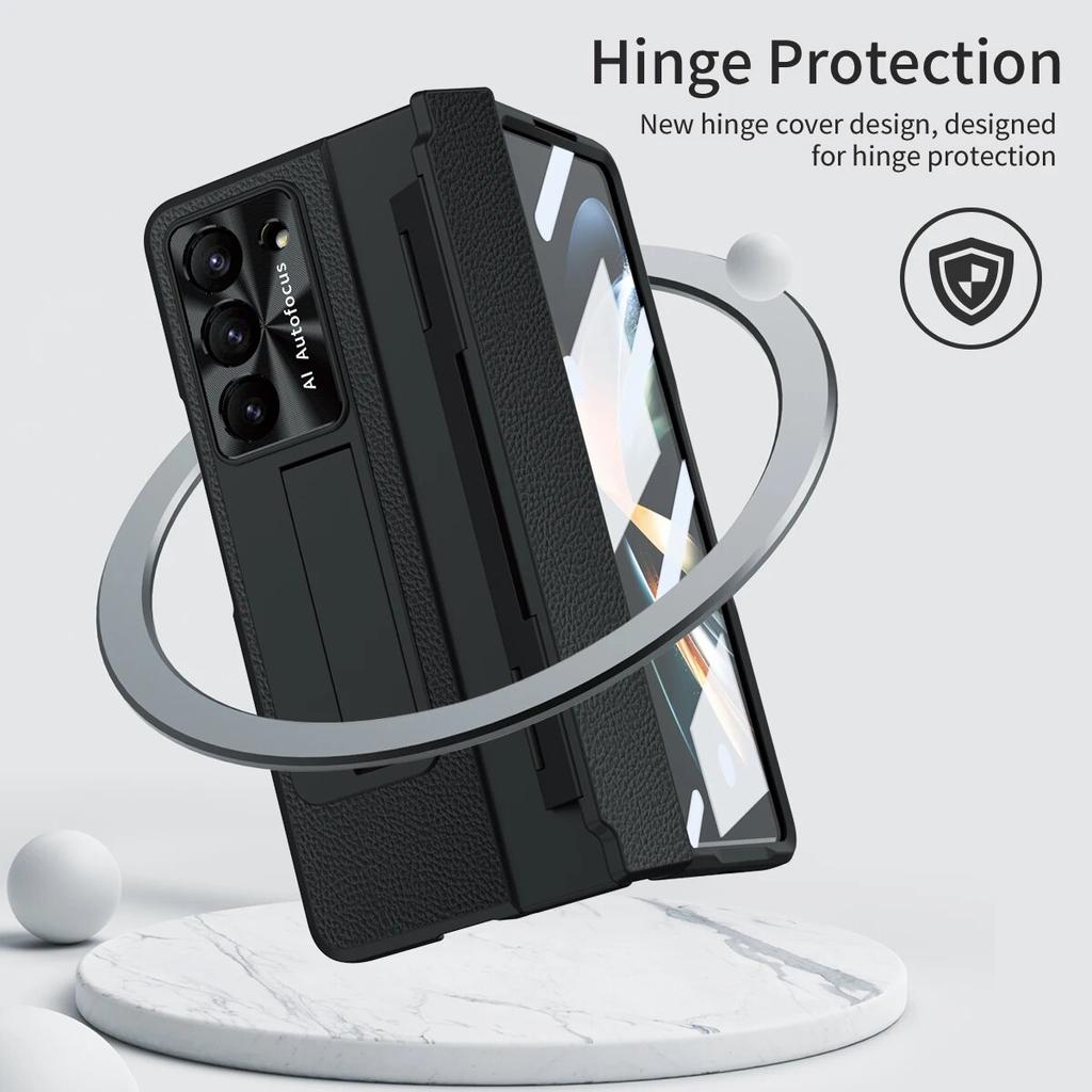 Suport din piele placat Husă de protecție cu balama plată pentru Samsung Galaxy Z Fold 5 4 3 cu folie de sticlă frontală Fold5 Husă de protecție