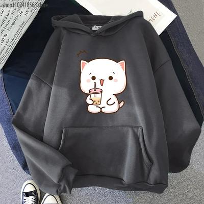 Peach Cat Print Hoodies Women Mochi Drink Bubble Tea Cartoon Sweatshirt Kawaii Girls Aesthetic Graphic Clothes Streetwear