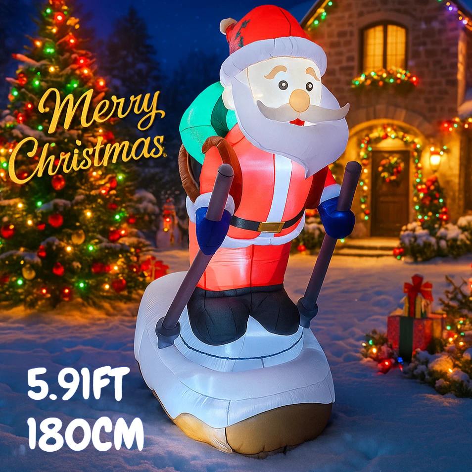 5.91FT Christmas Inflatable Toys with LED Lights Xmas Santa Snowboard Supplies Home Ornaments Festive Gift Yard Decoration