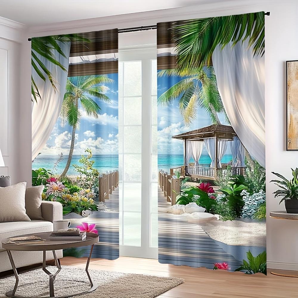 2PCS Tropical Beach Blackout Curtains   Seaside View Polyester Drapes for Living Room   Bedroom   Office - Modern Coastal Decor