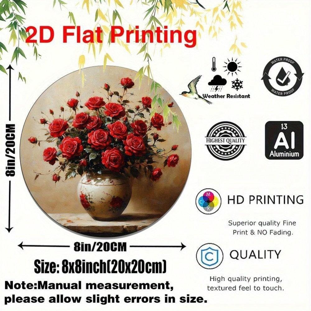 

Antique Style 8x8 Inch Round Metal Wall Art Sign with Red Roses in Vase Bohemian Decor Flat Aluminum Plaque 20x20 разноцветный