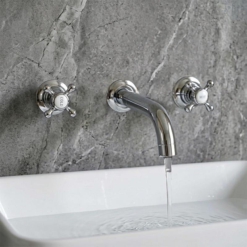 Classical Luxury All Brass Chrome Polished Basin Mixer Taps In-Wall Mounted Two Handle Design Traditional Bathroom Faucet (Gold,Polished) золотой