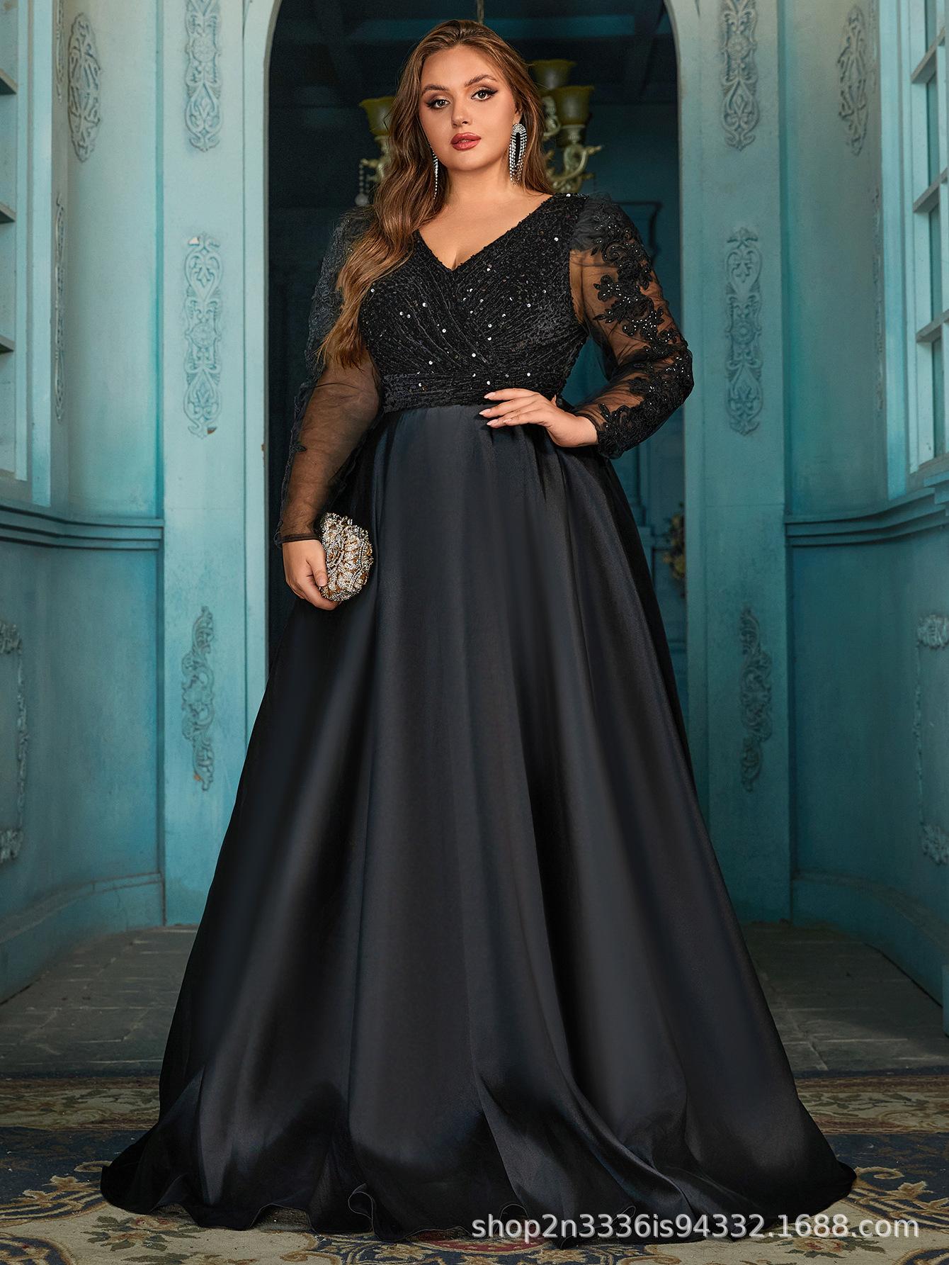 Elegant Plus Size Sequin V-Neck Lace Gown - European Cross 2025 Collection XL чёрный