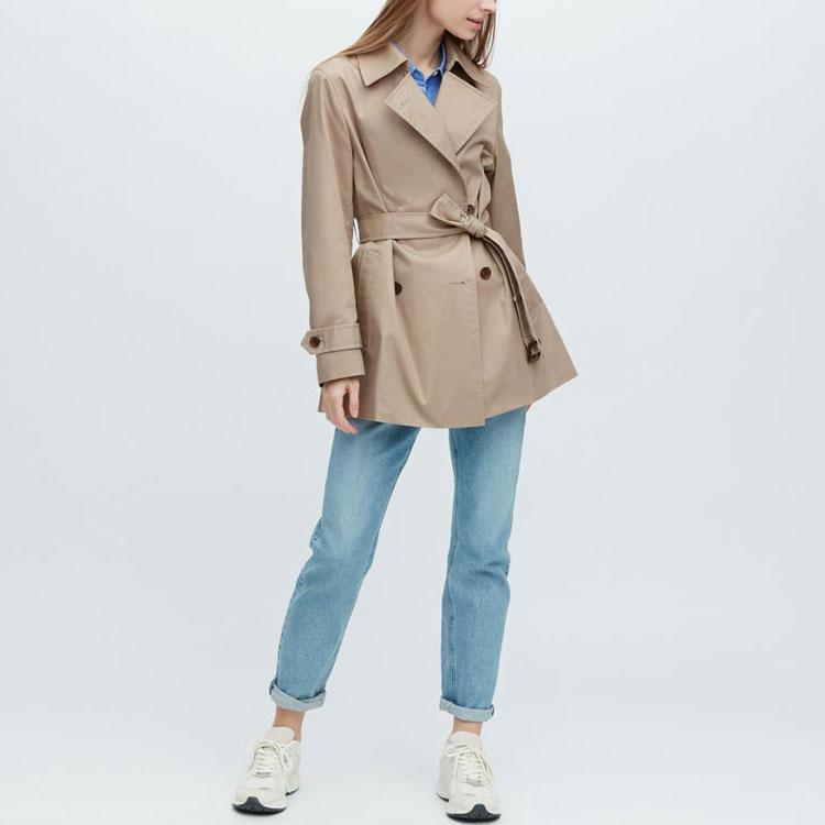 Uniqlo Solid Color Double Breasted Long Sleeve Trench Coat Women Coats Beige 457227-31