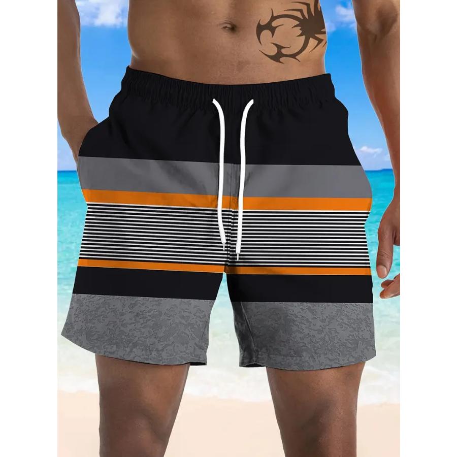 Simple Fashion Striped Pattern Beach Shorts For Men Summer Casual Daily Wear 3D Printed Short Pants Loose Breathable Swim Trunks