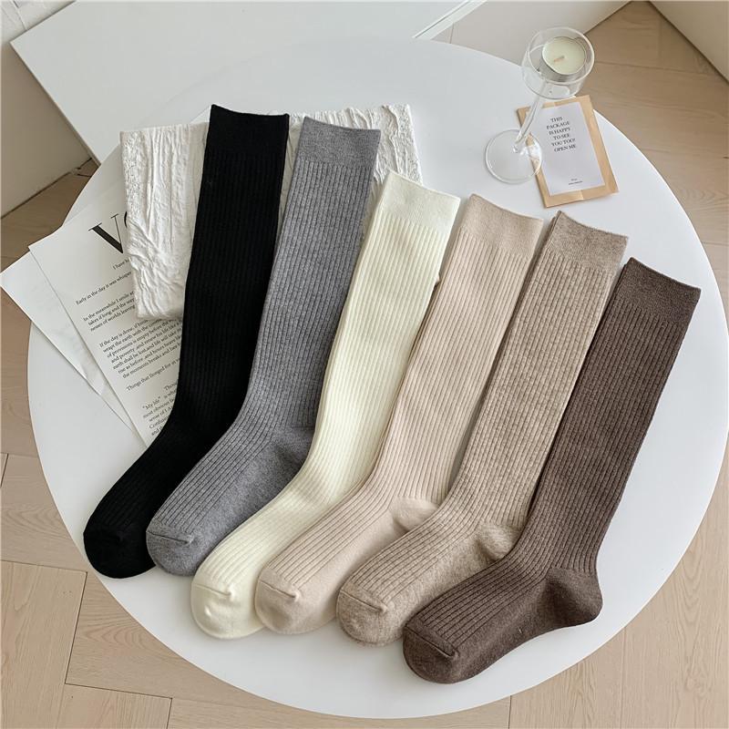 Damen Woll-Wadensocken - Japanisch Retro Gestreift, Uni, Langer Schaft für Herbst/Winter