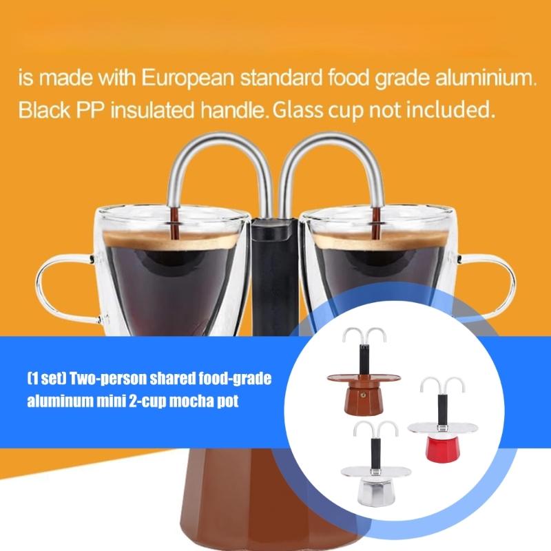 Double Tube Aluminum Mocha Pot for Sharing Coffee with a Friend Food Grade 2 Cup Stovetop Espresso Maker Coffee Kettle