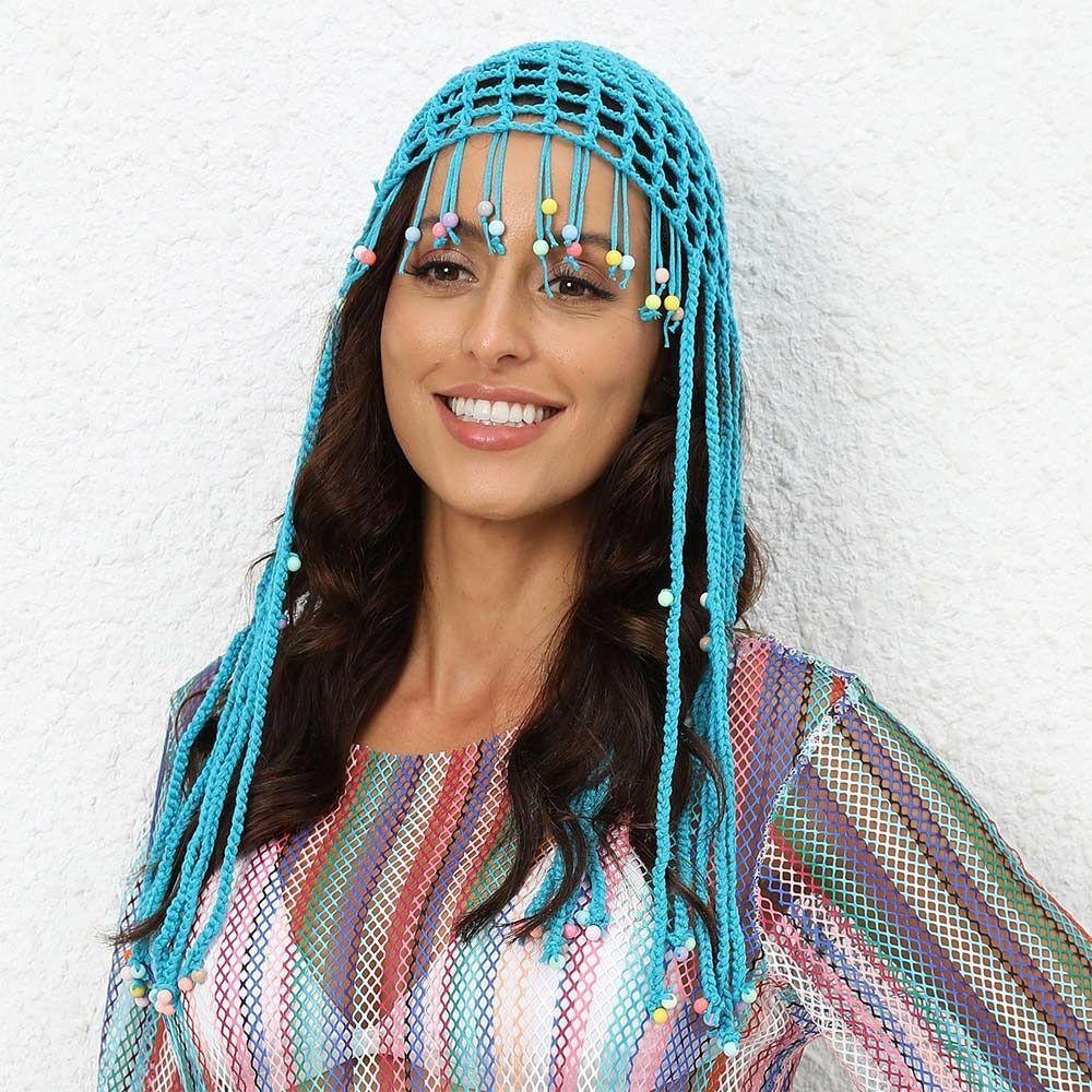 Women's Handmade Crochet Hats Y2k Fashion Fascinating Hollow Beanie Hat Cap with Beads Tassle Decoration Chic Hat