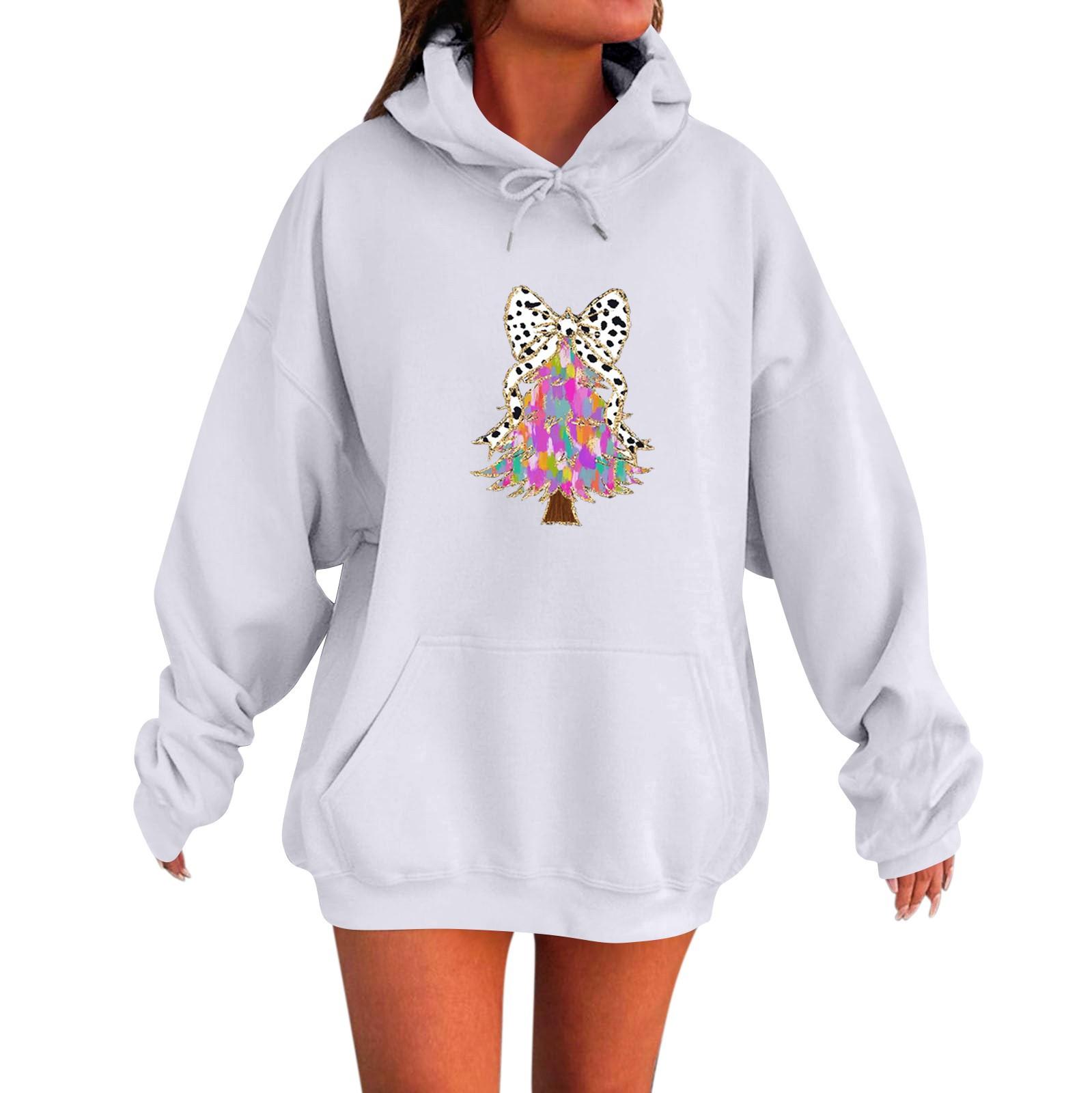 

Женская мода повседневная толстовка с длинным рукавом и круглым вырезом с принтом банта с капюшоном пуловер M белый