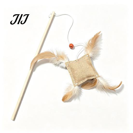 Cat Wand with Long Rope Toy Linen Bag, Interactive Bell, Exercise for Adult Cats Wooden Handle Feather Indoor Scratching Chasing Lure