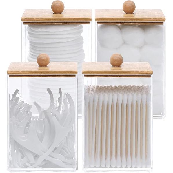 Tbestmax 12 OZ Cotton Swab/Ball/Pad Holder, Qtip Apothecary Jar, Clear Bathroom Containers Dispenser for Storage 4 Pack Wood Lids