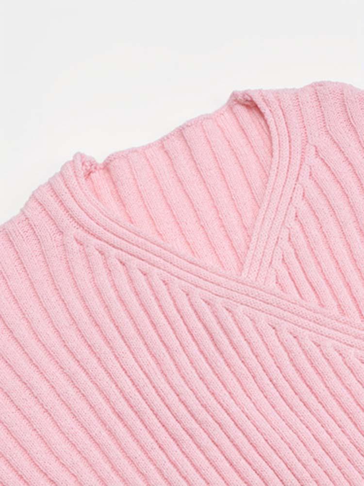 French Pink V-Neck Knitted Sweater Pullover