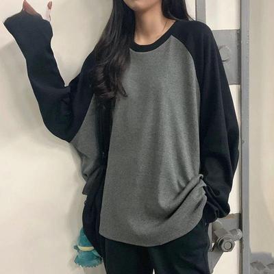 Damen T-Shirt Rundhals Kontrastfarbe Langarm T-Shirt Locker Herbst Tee Oberteile für Damen Hemden Patchwork