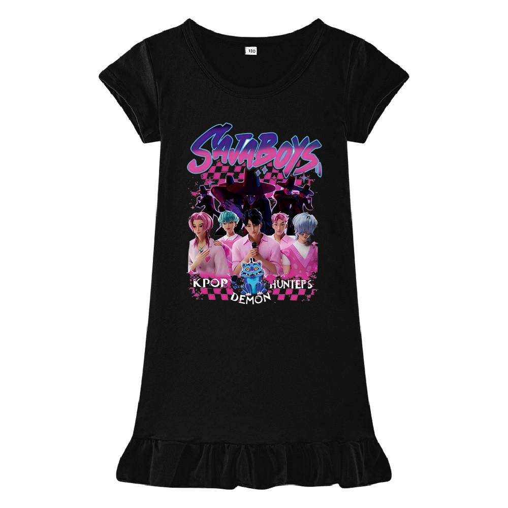 M1229 Kinder Mädchen Sajaboys Kpop Rumi Zoey Mira Print Kurzarm Rüschenkleid
