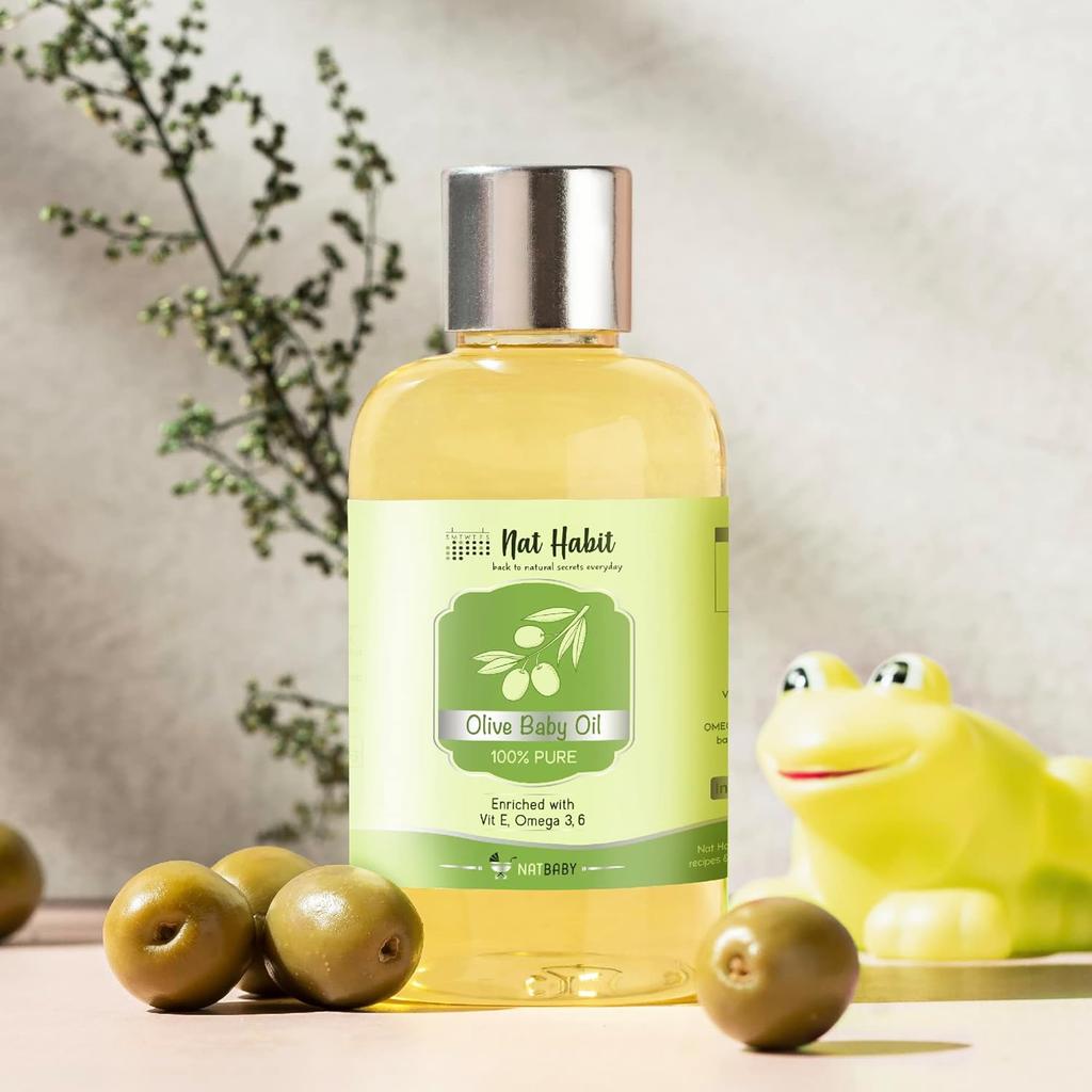 Nat Habit Pure Olive Baby Oil, Non-Refined Natural Moisturizer For Sensitive Skin & Hair Care, Vitamin E Enriched, 100ml