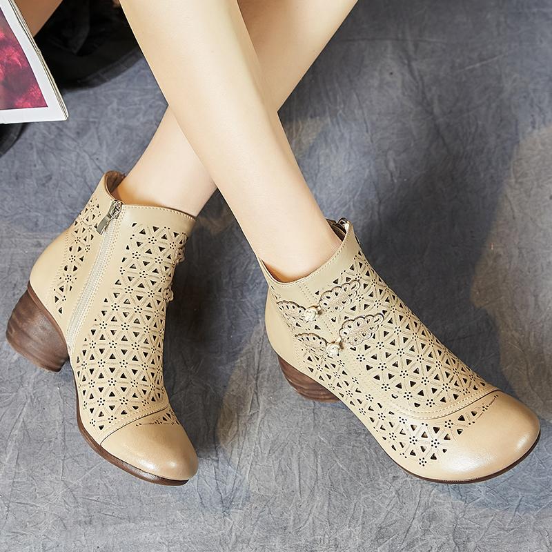 Fashion GKTINOO Handmade Women Boots Breathable Hollow Out Thick Heels Soft Ankle Boots For Women Genuine Leather Summer Casual Shoes