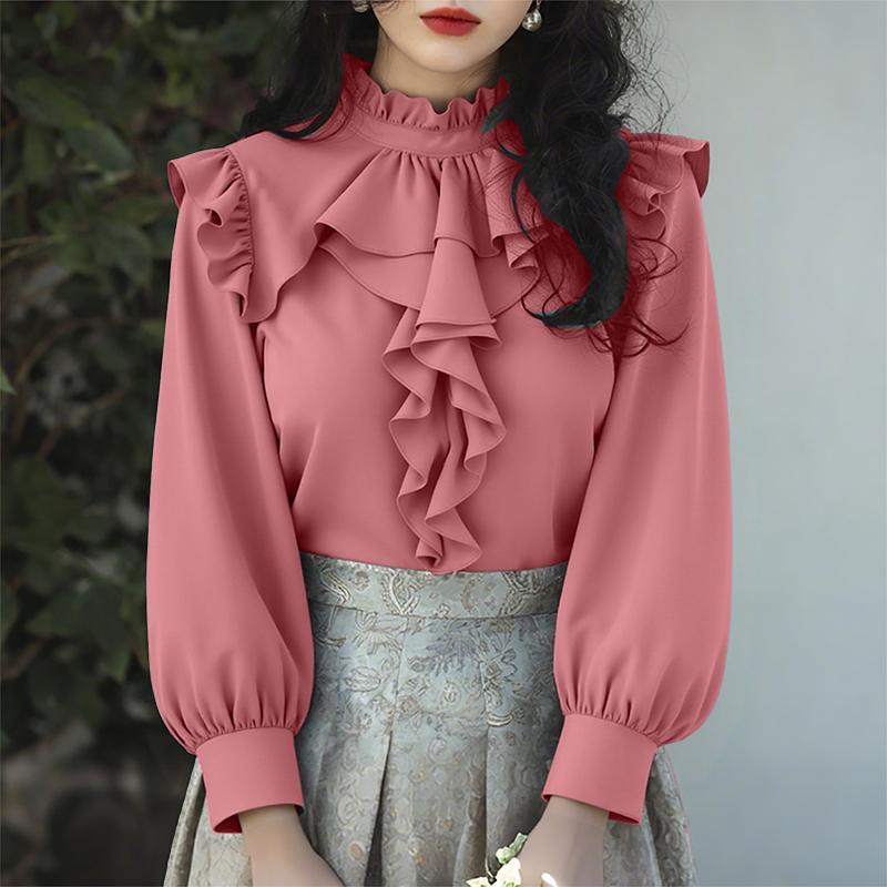 

ZANZEA Жіноча блузка з довгим рукавом, повсякденна, з рюшами та коміром-стійкою M рожевий