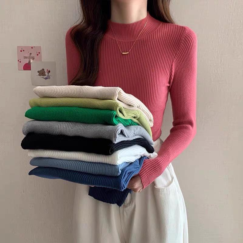 Pulover de damă cu mâneci lungi, slim fit, pe jumătate cu gât, top versatil din tricot în stil coreean pentru primăvară, toamnă și iarnă.