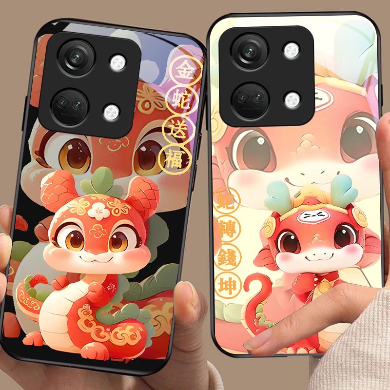 New Cartoon Snake For OnePlus Nord 3 5 6T 7 Pro 8 12 10T Reno8 Lite 5G 10R Nord N30 Hard Shell Tempered Glass Phone Case Black