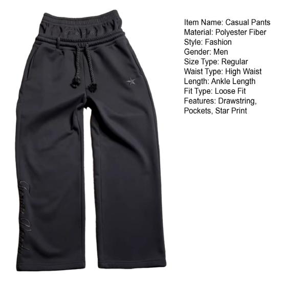 Men Casual Pants Elastic Waist Adjustable Drawstring Long Trousers with Pockets Fake Two Pieces