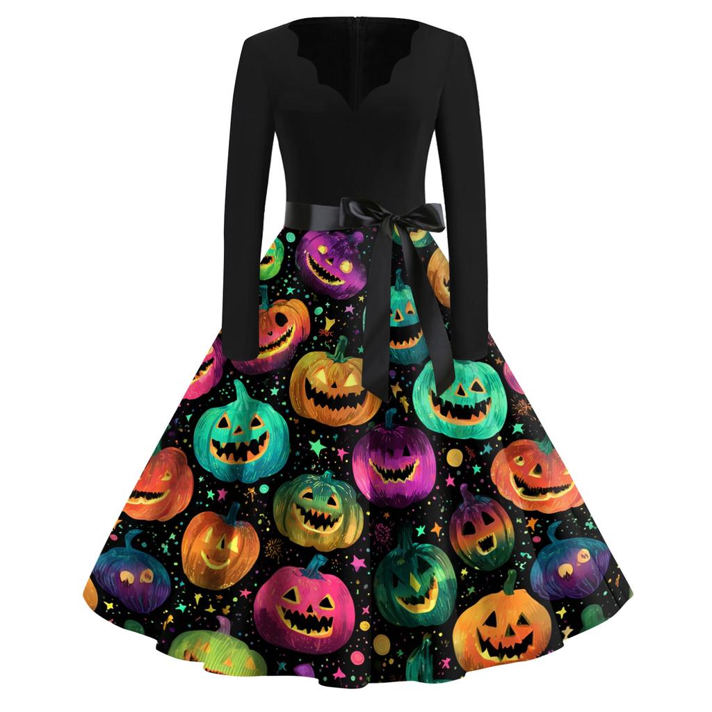 Women’s Casual Halloween Print V Neck Vintage Dress Long Sleeve A Line Midi Dress with Belt for Holiday Party Events