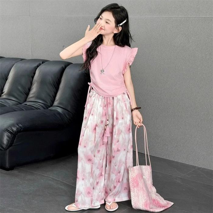 Girls Floral Flutter Sleeve & Wide-Leg Pants Set - 2026 Summer Collection 130 cm