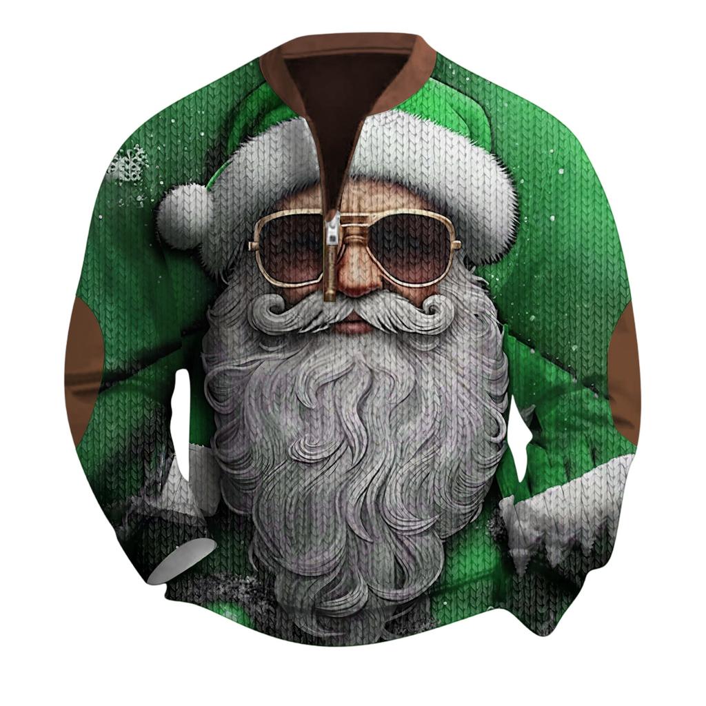 Mens Christmas Sweater Zip Up Sweatshirts Vintage Knit Graphic Sweatshirt Xmas Stand Collar Pullover