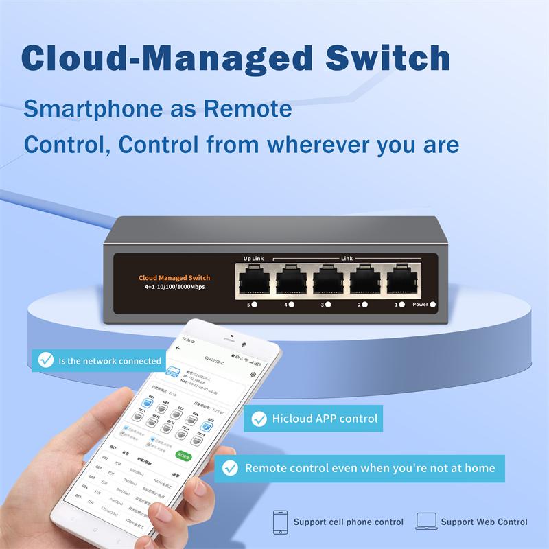 

Hi-S21-5G Хмарно керований Ethernet-комутатор, Веб/Додаток Хмарно керований Gigabit Ethernet Мережевий комутатор 5-портовий 100/1000 Мбіт/с