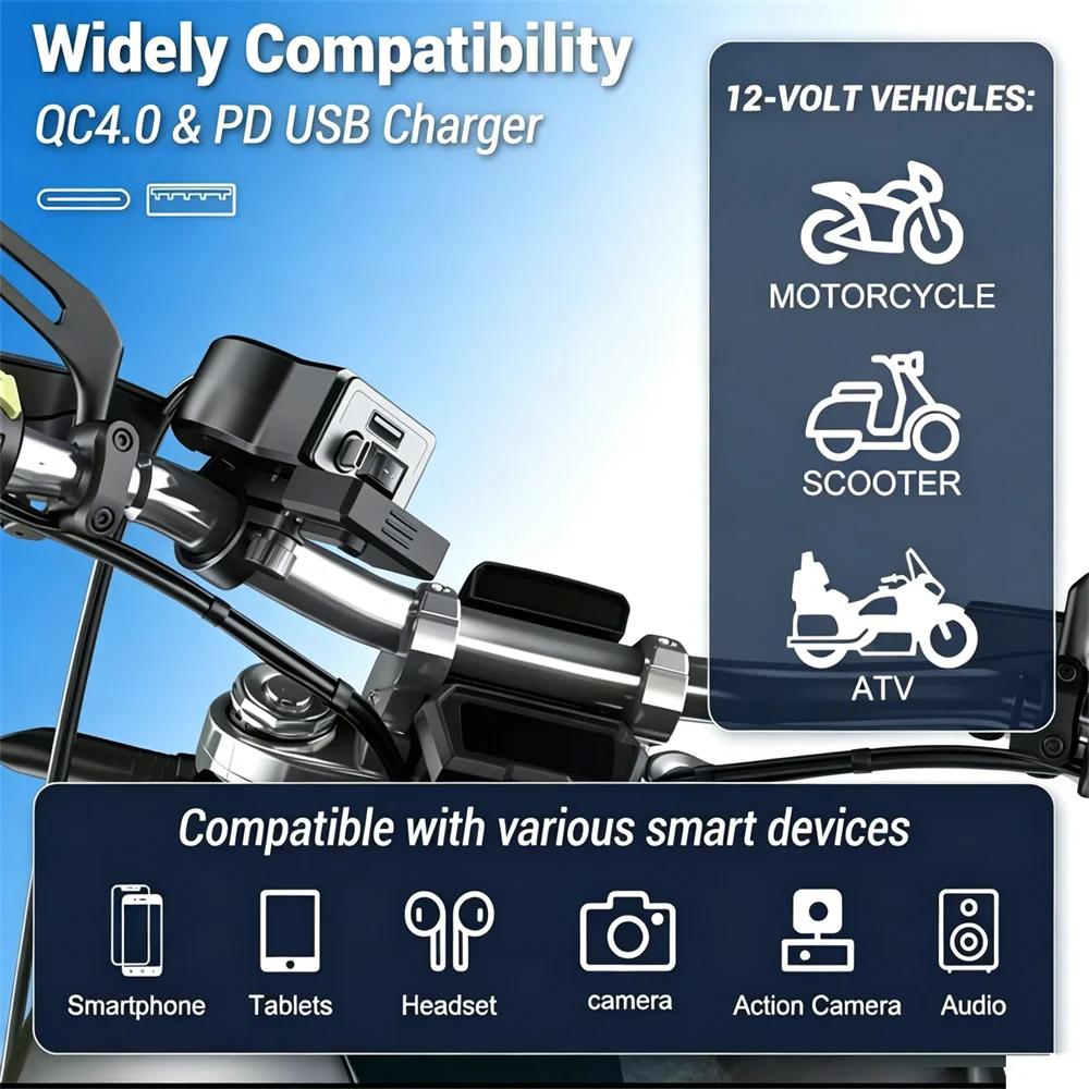 72W 12V Motorrad USB-Steckdose Typ-C Einziehbarer Ladeadapter Netzteil Doppelanschluss PD+QC3.0 mit Schalter Wasserdichtes Digitales Voltmeter