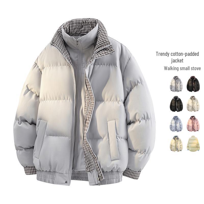 Męska Zimowa Modna Pikowana Kurtka Puffer w Kratę z Łatkami, Pogrubiona i Ciepła dla Par