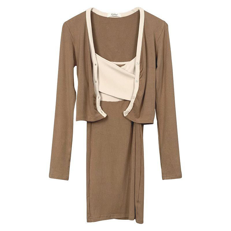 Korean Slim Color Block Strappy Dress & Cardigan Set for Women