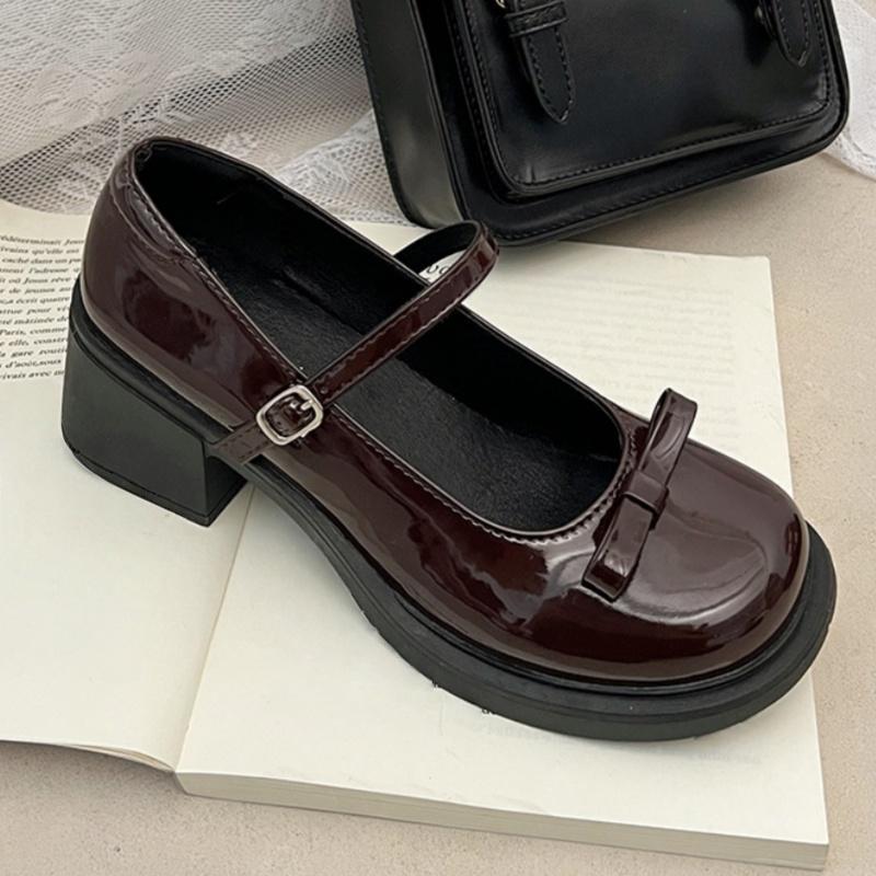 Fashion Mary Jane 2025 French High-heels New Bow Leather Shoes Round Toe British Style Women's Shoes Fashion Comfortable Buckle Pumps