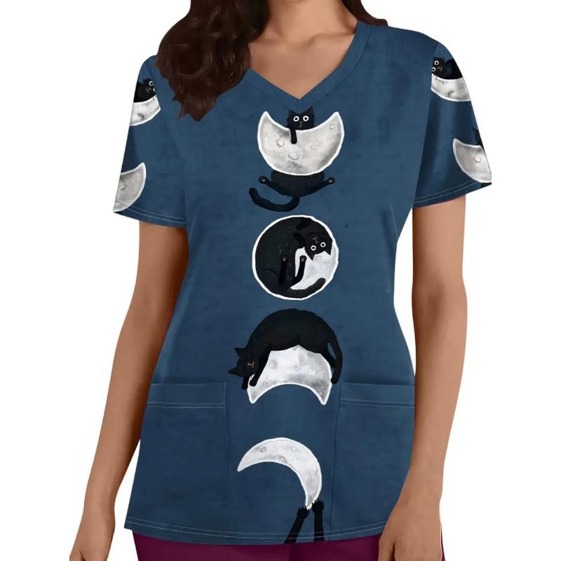 Woman Cute Cat Pattern Print V-Neck Short Sleeve Nurse Uniform Tops Comfortable with Pockets Medical Clothes