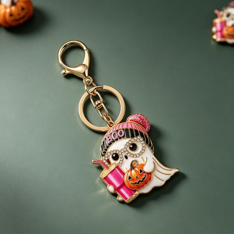 Spooky Halloween Keychain Sparkly Crystal Ghost Pendant Pink Knit Hat Pumpkin Design Backpack Charm Party Gift