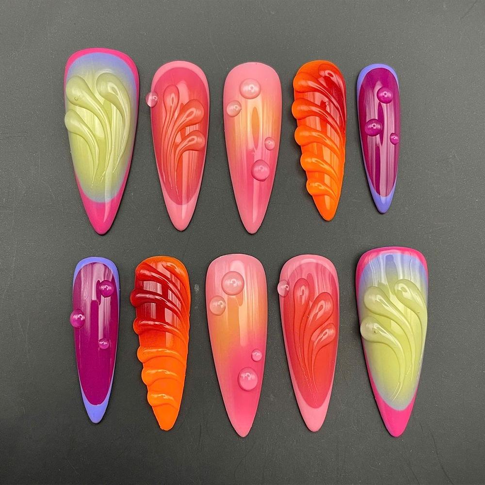 3D Resin French Almond Color Block Fake Nails - 24-Piece European & American Manicure Set
