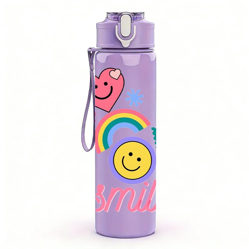 1PC Rainbow Cloud Smile Face Pattern 750ml Color Plastic Sports Water Bottle Leakproof Flip Straw Lid Suitable for Sports Office Home Use